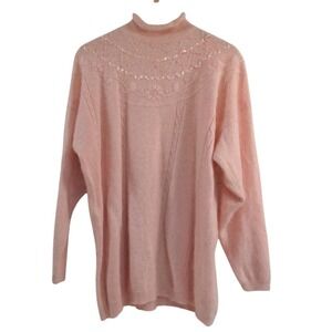 Diana Marco Womens Ramie Cotton Angora Rabbit Hair Bow Beaded Turtleneck Sweater